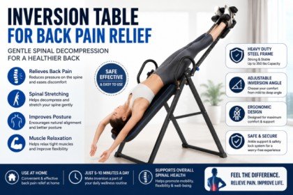 Inversion Table for Back Pain Relief: Benefits, Uses, Safety Tips & Buying Guide Back pain is a common problem for people who spend long hours sitting, standing, exercising, or performing physically demanding work. Poor posture, prolonged sitting, muscle tension, and everyday physical strain can all contribute to back discomfort. An **inversion table for back pain relief** is designed to use controlled body positioning and gravity to create a gentle stretching effect. This type of exercise, often called inversion therapy, may help some people temporarily reduce back discomfort and muscle tension. However, an inversion table is not a guaranteed cure for every type of back pain. It is important to use the equipment correctly and consult a healthcare professional if you have an existing medical condition or persistent pain. ## What Is an Inversion Table? An inversion table is a fitness and wellness device that allows you to lie on a padded platform and gradually tilt your body backward. Your feet are secured while the table rotates to different angles. The purpose is to reduce the compressive feeling that can develop in the spine during normal daily activities. By changing your body position, an inversion table can provide a gentle stretching sensation across the back. Unlike equipment that requires a person to hang completely upside down, many modern inversion tables allow users to choose a comfortable angle and gradually become accustomed to the movement. ## How Does an Inversion Table Work? An inversion table works by changing the position of your body relative to gravity. When the table tilts backward, your body weight creates a gentle traction-like effect. This may: * Reduce the sensation of pressure in the lower back * Stretch tight muscles * Encourage temporary relaxation * Improve the feeling of flexibility * Provide a break from prolonged sitting or standing The amount of inversion should be increased gradually. Beginners generally should not start with a steep angle. ## Potential Benefits of an Inversion Table ### 1. May Help Reduce Back Discomfort One of the main reasons people try inversion tables is to manage occasional lower-back discomfort. Gentle stretching may help some individuals feel less stiff after prolonged sitting or physical activity. Results can vary considerably from person to person, so an inversion table should be viewed as a potential comfort and stretching tool rather than a guaranteed treatment. ### 2. Gentle Spinal Stretching Daily activities place normal loads on the spine. Sitting for extended periods can also contribute to stiffness and discomfort. Controlled inversion provides a different body position that may create a gentle stretching sensation through the back. ### 3. May Help Relax Tight Muscles An inversion session can be combined with other gentle stretching exercises. The relaxed position may help reduce the feeling of tightness in the lower back and surrounding muscles. For people who spend much of the day at a desk, short and controlled stretching sessions can be a useful addition to a broader movement routine. ### 4. Adjustable Angles for Beginners A major advantage of modern inversion tables is their adjustable design. Instead of immediately going fully inverted, users can begin with a small angle. Once they become comfortable, they can gradually experiment with a deeper angle if appropriate. This makes adjustable inversion equipment more approachable for beginners. ### 5. Home-Based Exercise and Stretching An inversion table can be used at home without requiring complicated equipment. It can become part of a personal stretching or fitness routine when used appropriately. Regular movement, strengthening exercises, healthy posture habits, and flexibility work should still remain important parts of an overall back-care routine. ## Ergonomic Design and Comfort Comfort is particularly important when using an inversion table. A padded backrest, secure ankle supports, and an appropriately sized frame can make the experience more comfortable. Some models feature ergonomic contours intended to support areas such as the lumbar region and pelvis. When choosing an inversion table, look for: * Comfortable padding * Secure ankle holders * Adjustable height settings * Stable construction * Easy-to-use locking mechanisms * Adjustable inversion angles * Appropriate weight capacity * Reliable safety features ## Heavy-Duty Frame and Weight Capacity The frame is one of the most important parts of an inversion table because it supports the user's body throughout the movement. A strong steel frame can provide stability during rotation. However, buyers should always check the manufacturer's stated **maximum user weight** rather than assuming that every heavy-duty model has the same capacity. Do not exceed the manufacturer's recommended weight limit. ## How to Use an Inversion Table Safely If you are new to inversion therapy, start slowly. ### Step 1: Check the Equipment Before every session, inspect the table, ankle restraints, locking mechanism, and frame. Make sure everything is properly secured. ### Step 2: Adjust the Height Set the equipment according to the manufacturer's instructions and your body height. ### Step 3: Secure Your Feet Place your feet correctly into the ankle support system. Make sure they are securely held before tilting the table. ### Step 4: Start at a Small Angle Beginners should start with a mild angle rather than attempting a full inversion immediately. ### Step 5: Move Slowly Use controlled movements when changing the angle. Avoid sudden or jerky rotations. ### Step 6: Stop If You Feel Unwell Stop the session if you experience significant pain, dizziness, nausea, shortness of breath, or other concerning symptoms. ## How Long Should You Stay on an Inversion Table? There is no single session length that works for everyone. If you are a beginner, start with a short session at a mild angle and see how your body responds. Avoid assuming that longer sessions or steeper angles will automatically provide greater benefits. Following the manufacturer's instructions is important, and people with medical conditions should ask a qualified healthcare professional whether inversion is appropriate for them. ## Is an Inversion Table Safe for Everyone? No. Inversion therapy may not be appropriate for everyone. People with certain cardiovascular conditions, uncontrolled blood pressure, eye conditions such as glaucoma, pregnancy, or other medical concerns should seek medical advice before using an inversion table. Anyone experiencing severe, persistent, or unexplained back pain should also seek professional medical evaluation rather than relying solely on an inversion table. ## Can Seniors Use an Inversion Table? Some seniors may be able to use an inversion table, but age alone does not determine whether inversion is appropriate. Balance, mobility, cardiovascular health, blood pressure, medications, and existing medical conditions should all be considered. If you are an older adult or have concerns about your health, speak with a healthcare professional before beginning inversion therapy. ## Can an Inversion Table Cure Back Pain? An inversion table should **not be considered a cure for back pain**. Back pain can have many different causes, including muscle strain, joint problems, disc-related conditions, injuries, and other medical issues. A technique that helps one person may not be appropriate for another. For long-term back health, consider combining appropriate physical activity, strength training, flexibility exercises, good posture, and professional guidance when needed. ## Inversion Table vs. Traditional Back Stretching An inversion table provides a specific body position that uses gravity to create a stretching sensation. Traditional stretching, on the other hand, can often be performed without specialized equipment. An inversion table may be appealing to people who enjoy structured home equipment, while simple stretching and mobility exercises can be easier and more accessible. The best option depends on your individual needs, comfort level, and health situation. ## What to Look for When Buying an Inversion Table If you're considering buying an inversion table for home use, pay attention to the following features: ### Adjustable Inversion Angles Look for a model that allows you to control the inversion angle. Adjustable settings are especially useful for beginners. ### Strong and Stable Frame Choose equipment with a stable frame and a clearly stated weight capacity. ### Comfortable Backrest Good padding can make longer stretching sessions more comfortable. ### Secure Ankle System The ankle support should hold your feet securely while allowing you to release yourself easily according to the manufacturer's instructions. ### Height Adjustment A height-adjustable design can make the equipment suitable for different users. ### Safety Locking System A reliable locking and adjustment system can help provide greater control during use. ## Tips for Getting the Most From Your Inversion Table For a more comfortable experience: * Start with a gentle angle. * Follow the manufacturer's instructions. * Use controlled movements. * Avoid immediately attempting full inversion. * Keep sessions short when you're beginning. * Stop if you feel dizzy or unwell. * Combine stretching with regular physical activity. * Maintain good posture during everyday activities. * Consult a healthcare professional if your back pain continues or worsens. ## Frequently Asked Questions ### What is an inversion table used for? An inversion table is primarily used for controlled stretching and inversion exercises. Some people use it to temporarily reduce the feeling of back stiffness or discomfort. ### Does an inversion table help lower back pain? It may provide temporary relief for some people, particularly by creating a stretching sensation and helping muscles relax. However, effectiveness varies, and it does not treat every cause of lower back pain. ### How long should beginners use an inversion table? Beginners should start with short sessions and a mild angle. Gradually increase the duration or angle only if comfortable and appropriate. Follow the manufacturer's recommendations. ### Can you use an inversion table every day? Some people incorporate inversion into their regular routines, but daily use is not appropriate for everyone. If you have a medical condition, ask a healthcare professional before using an inversion table regularly. ### Is it safe to go completely upside down? Full inversion is not necessary for everyone and can increase the intensity of the experience. Beginners should use a mild angle and follow the equipment manufacturer's safety instructions. ### Can an inversion table fix a slipped disc? An inversion table should not be promoted as a cure for a slipped or herniated disc. Anyone with a diagnosed spinal condition should discuss inversion therapy with a qualified healthcare professional before trying it. ### Can seniors use inversion tables? Some seniors may be able to use them safely, but individual health and mobility should be considered. Medical advice is recommended when there are existing health concerns. ### What should I do if inversion makes my pain worse? Stop using the table and seek appropriate medical advice, especially if the pain is severe, persistent, or accompanied by other concerning symptoms. ## Final Thoughts An **inversion table for back pain relief** can be a useful home stretching and wellness tool for some people. Its adjustable design allows users to control the angle and gradually become comfortable with inversion. Potential benefits include gentle stretching, temporary relief from stiffness, muscle relaxation, and an alternative way to incorporate movement into a home routine. However, an inversion table is **not a universal treatment or cure for back pain**. Safe use, gradual progression, proper equipment adjustment, and professional medical advice when necessary are all important. If you are considering an inversion table, choose a stable model with adjustable angles, secure ankle supports, comfortable padding, and a clearly stated weight capacity. --- ### SEO Details for Your Blog **SEO Title:** Inversion Table for Back Pain Relief: Benefits, Uses & Safety Tips **Meta Description:** Discover how an inversion table may help with back discomfort, spinal stretching and muscle relaxation. Learn benefits, safety tips, usage guidelines and buying advice. **Focus Keyword:** `inversion table for back pain relief` **Secondary Keywords:** * inversion table for back pain * benefits of inversion table * spinal decompression at home * inversion therapy * back stretching equipment * inversion table benefits * how to use an inversion table * inversion table safety * home back pain relief **Suggested URL Slug:** `inversion-table-for-back-pain-relief` **Suggested Image Alt Text:** `Inversion table for back pain relief and gentle spinal stretching` **Suggested Image File Name:** `inversion-table-for-back-pain-relief.jpg` **Suggested Image Title:** `Inversion Table for Back Pain Relief` **Blog Category:** Health & Fitness **Suggested Tags:** `Inversion Table, Back Pain Relief, Health & Fitness, Fitness Gadgets, Spinal Stretching, Wellness, Home Fitness` **Important:** For a health-related article, avoid phrases such as “guaranteed cure,” “permanent pain relief,” or “100% safe.” The revised version above uses more cautious wording so the article is more suitable for a health-information blog.