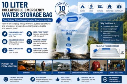 A 10-liter collapsible emergency water storage bag