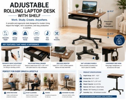 Adjustable Rolling Laptop Desk with Shelf: The Ultimate Flexible Workspace for Home and Office