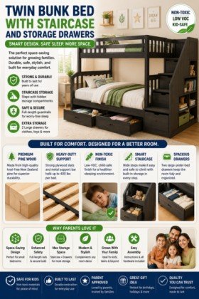 “Twin Bunk Bed with Staircase and Storage Drawers.”